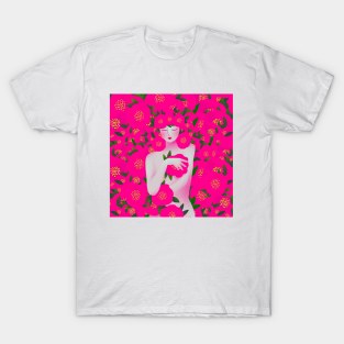 Cute girl with pink flowers, version 4 T-Shirt